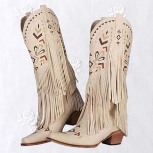 NEW SaraIris Western Tan Cream Fringe Tassel Cowgirl Cowboy Boots US 8